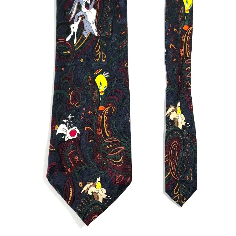 Vintage 1995 Looney Tunes Navy Woven Silk Paisley Tie Tweety Sylvester Wile E.